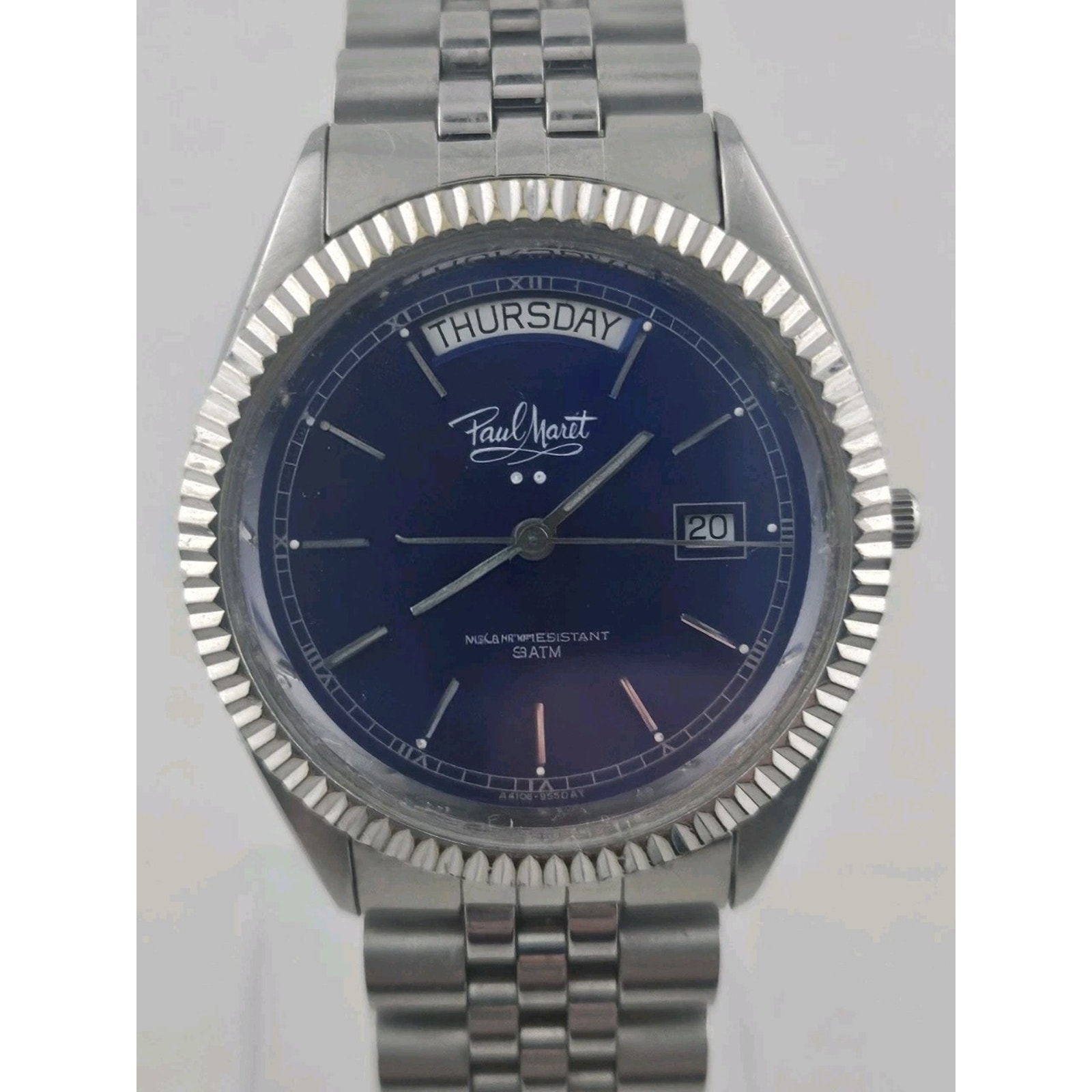 Mens Rare Paul Maret Blue Sunray Dial Date Presidential Style Fluted Bezel Runs